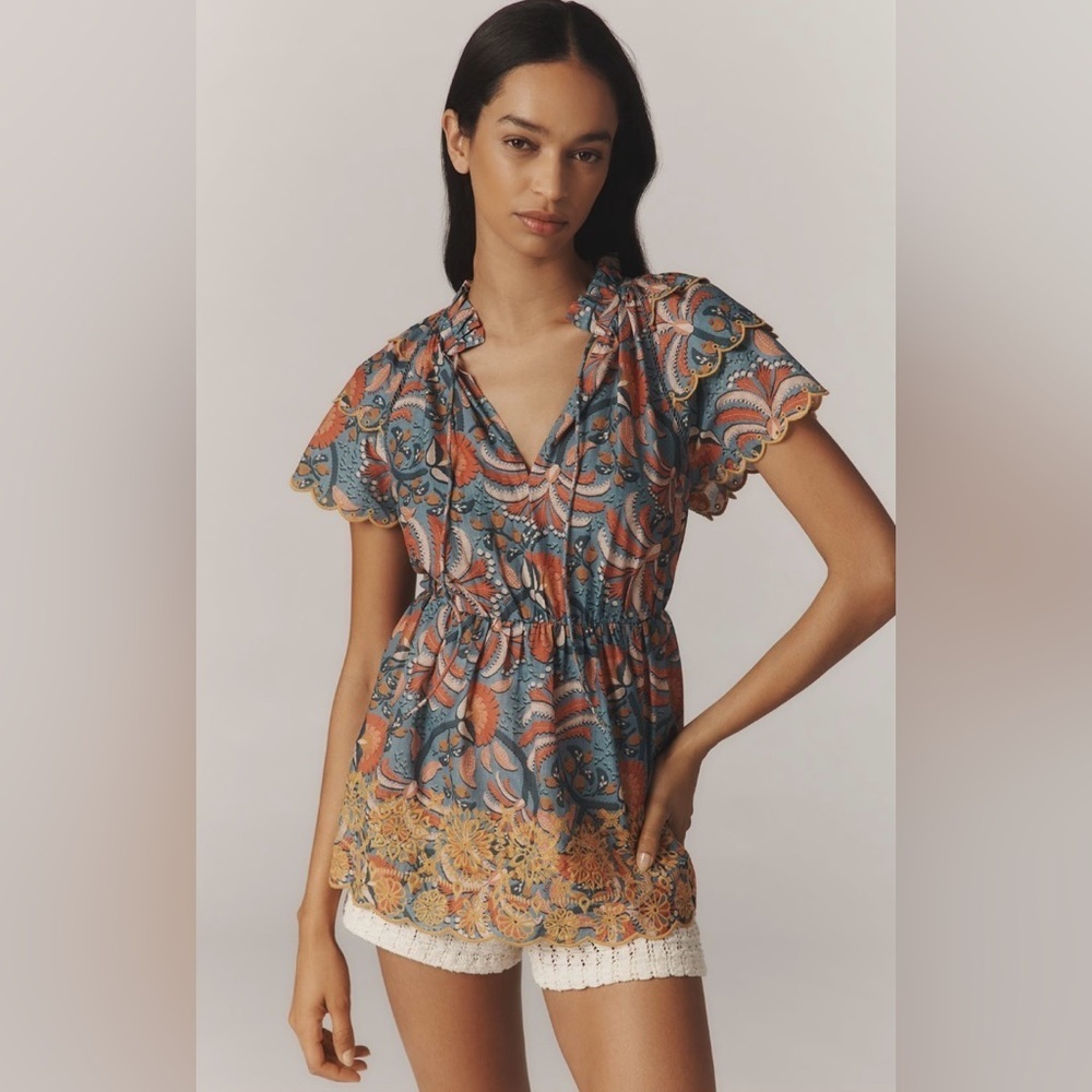 Farm Rio Printed Richelieu High-Neck Short-Sleeve Ruffled Blouse Size Small NWT